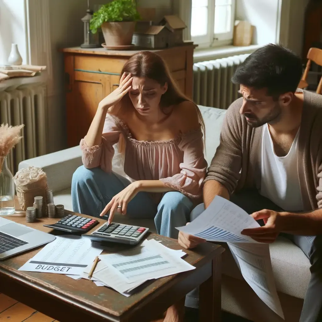 Pareja de novios preocupados revisando el presupuesto juntos